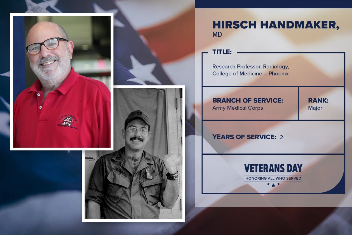 Poster with two photos of Hirsh Handmaker, one current and one of him in uniform. Text on image has his name and this information: "Research professor, Radiology, College of Medicine – Phoenix. Branch of Service: Army Medical Corps; Rank: Major; years of Service: 2."