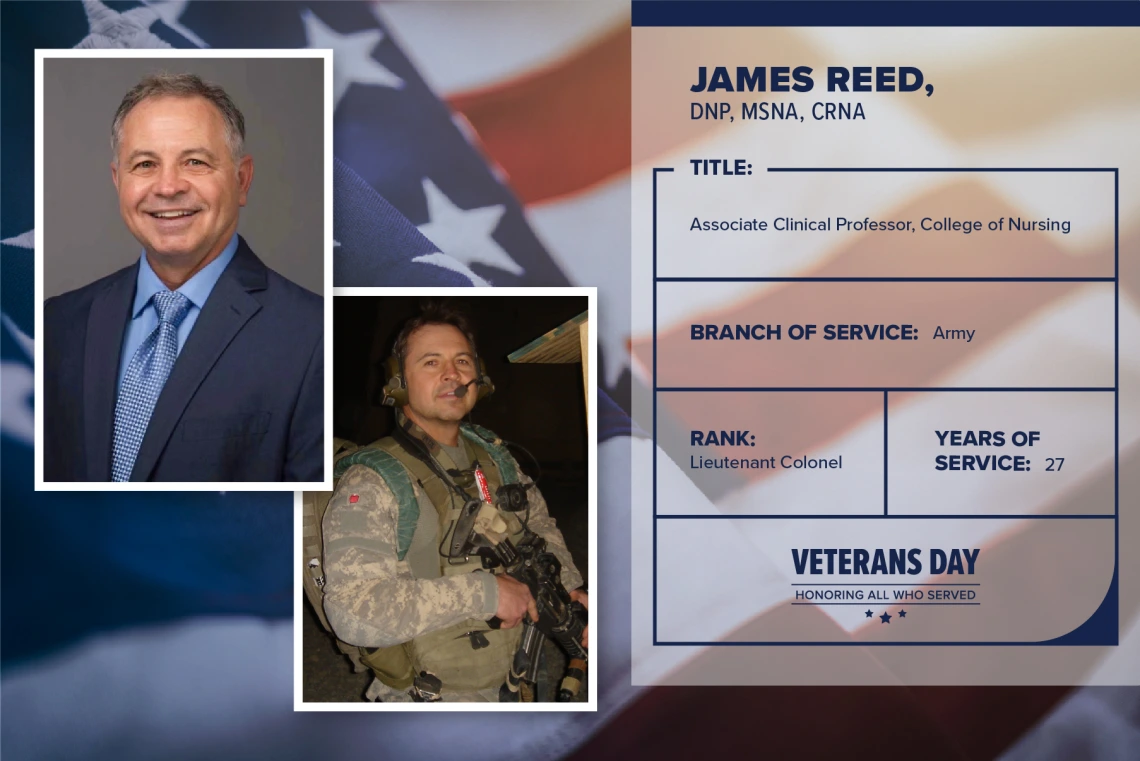 Poster with two photos of James Reed, one current and one of him in uniform. Text on image has his name and this information: "Associate clinical professor, College of Nursing. Branch of Service: Army; Rank: Lieutenant Colonel; years of Service: 27."