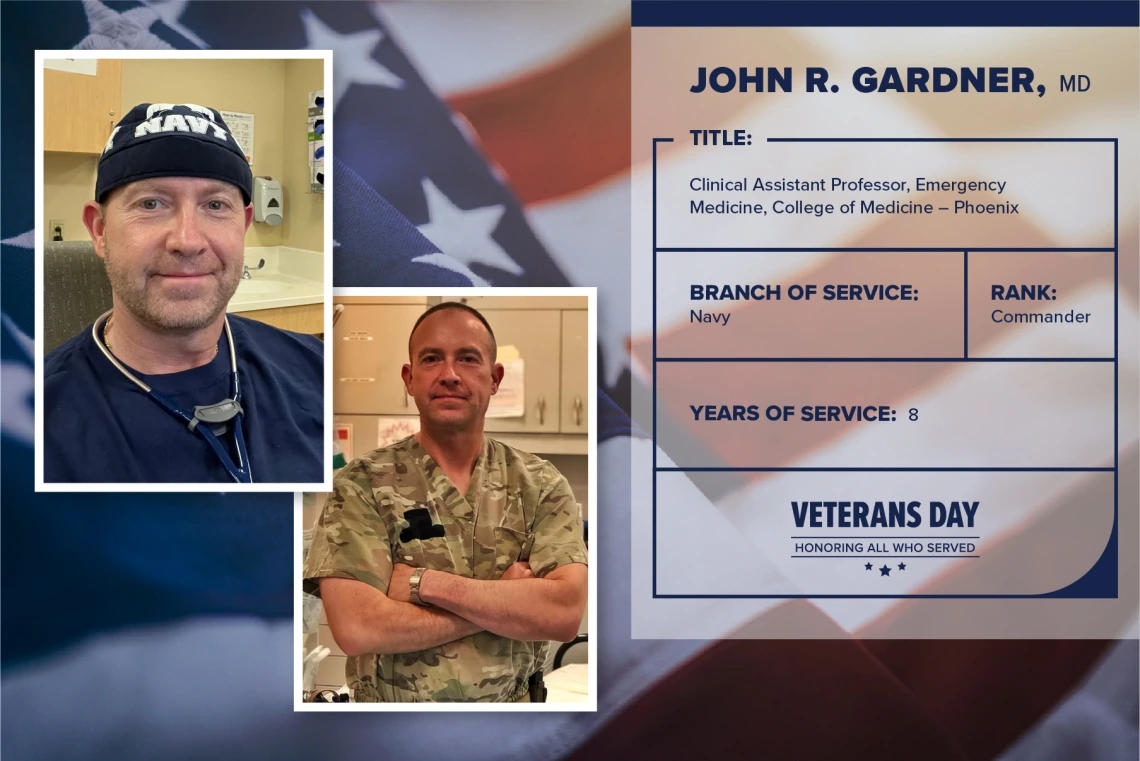 Poster with two photos of John R. Gardner, one current and one of him in uniform. Text on image has his name and this information: "Clinical assistant professor, Emergency Medicine, College of Medicine – Phoenix. Branch of Service: Navy; Rank: Commander; years of Service: 8."