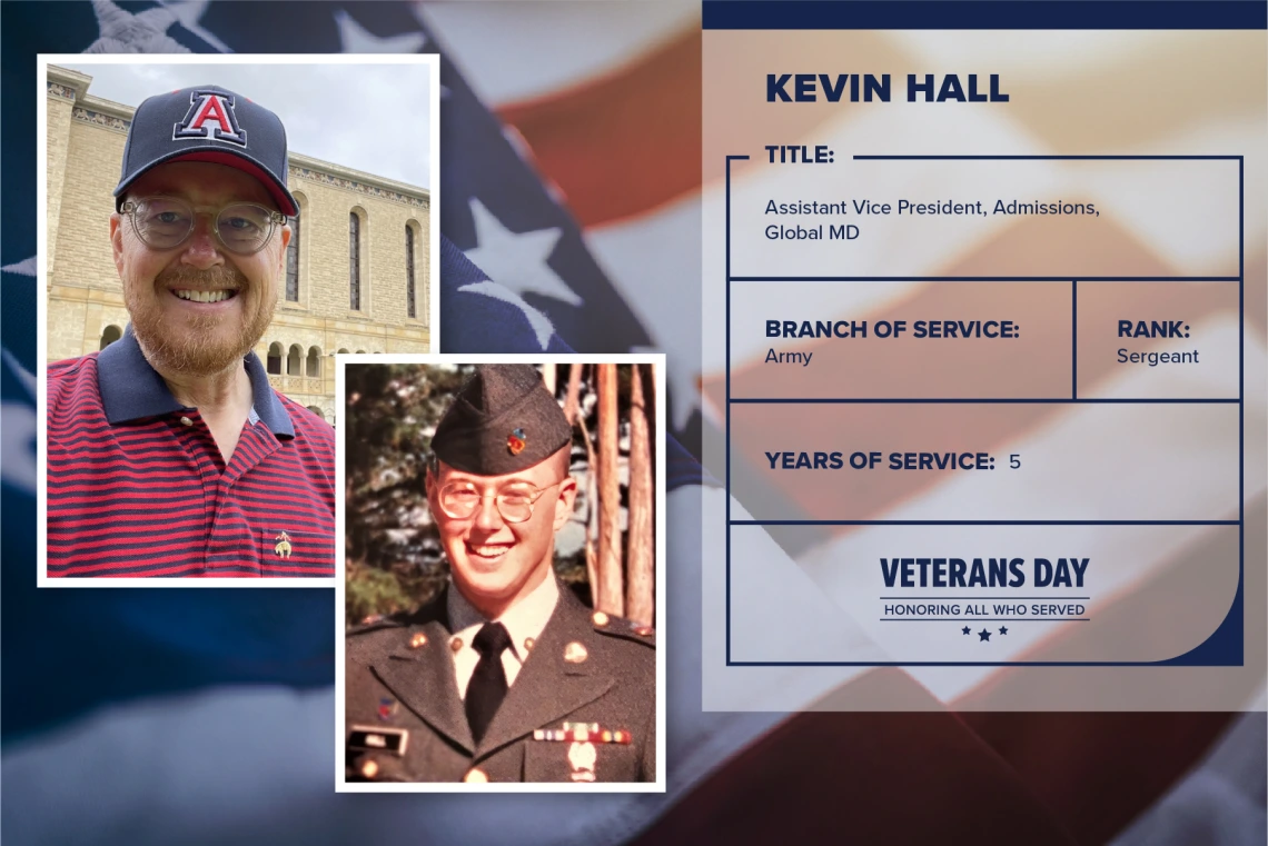 Poster with two photos of Kevin Hall, one current and one of him in uniform. Text on image has his name and this information: "Assistant vice president of admissions, Global MD. Branch of Service: Army; Rank: Sergeant; years of Service: 5."