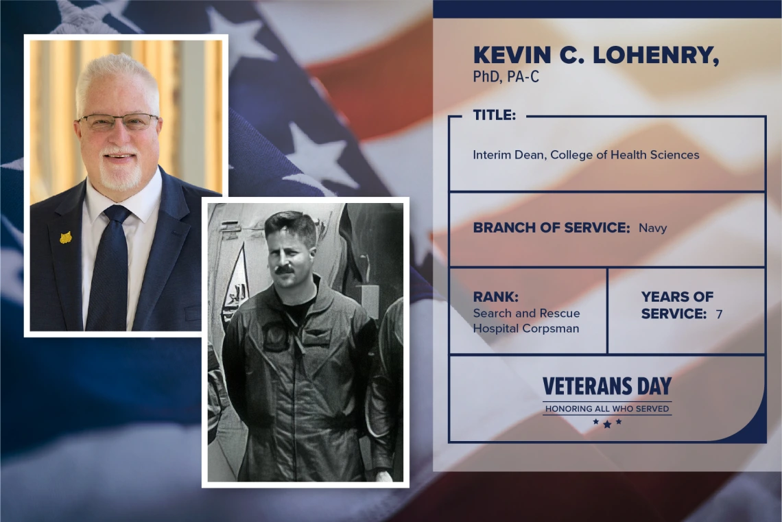 Poster with two photos of Kevin C. Lohenry, one current and one of him in uniform. Text on image has his name and this information: "Interim Dean, College of Health Sciences. Branch of Service: Navy; Rank: Search and Rescue Hospital Corpsman; years of Service: 7."