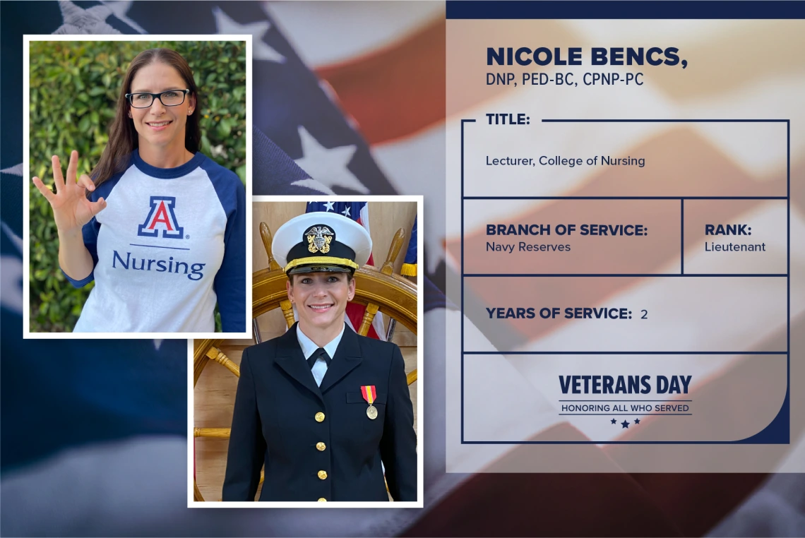 Poster with two photos of Nicole Bencs, one current and one of her in uniform. Text on image has her name and this information: "Lecturer, College of Nursing. Branch of Service: Navy Reserves; Rank: Lieutenant; years of service: 2."