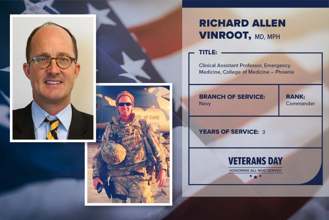 Poster with two photos of Richard Allen Vinroot, one current and one of him in uniform. Text on image has his name and this information: "Clinical assistant professor, Emergency Medicine, College of Medicine  Phoenix. Branch of Service: Navy; Rank: Commander; years of Service: 3."