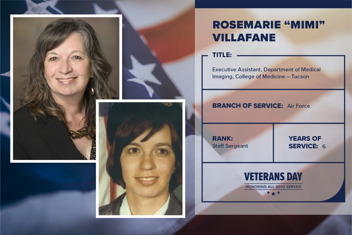 Poster with two photos of Rosemarie "Mimi" Villafane, one current and one of her in uniform. Text on image has her name and this information: "Executive assistant, Medical Imaging, College of Medicine – Tucson. Branch of Service: Air Force; Rank: Staff Sergeant; years of Service: 6."