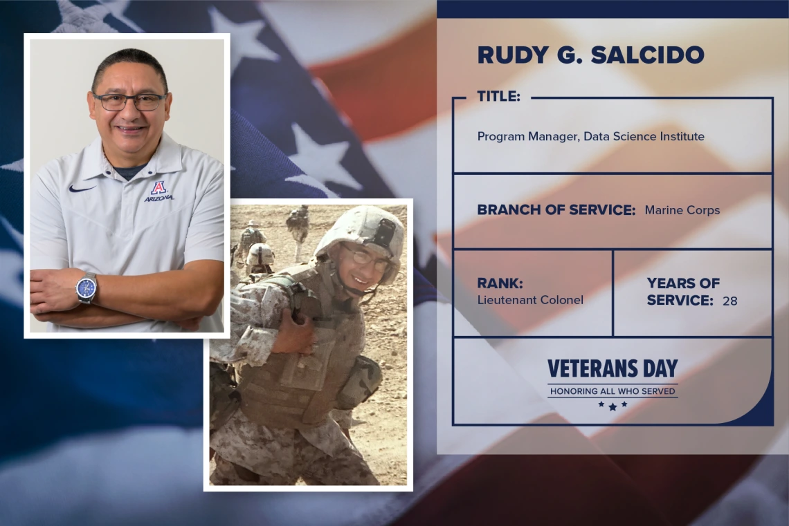 Poster with two photos of Rudy G. Salcido, one current and one of him in uniform. Text on image has his name and this information: "Program Manager, Data Science Institute. Branch of Service: Marine Corps; Rank: Lieutenant Colonel; years of Service: 28."