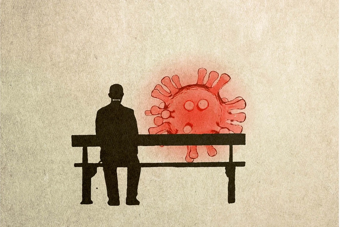 Illustration of man on bench with COVID-19 virus