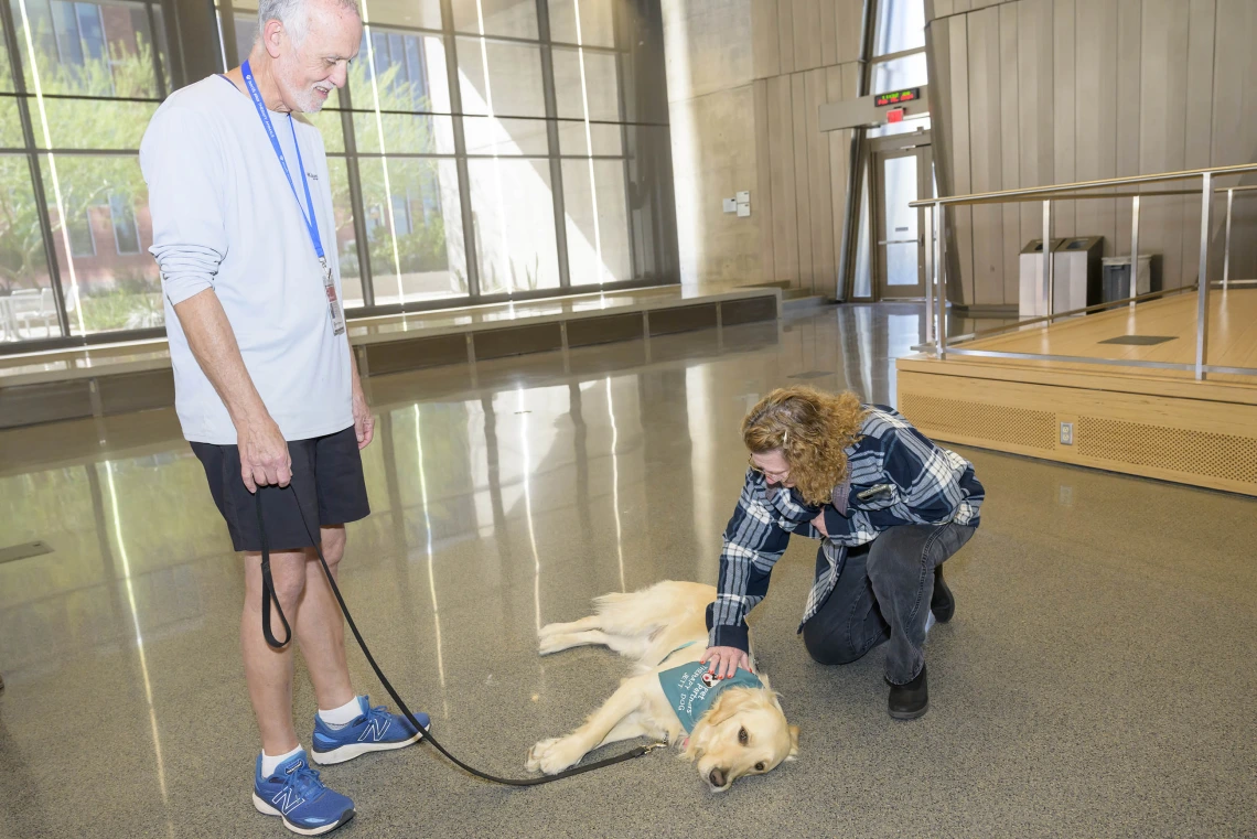 A man stands next to a golden retriever that is lying on its side while being petted by a kneeling woman. 