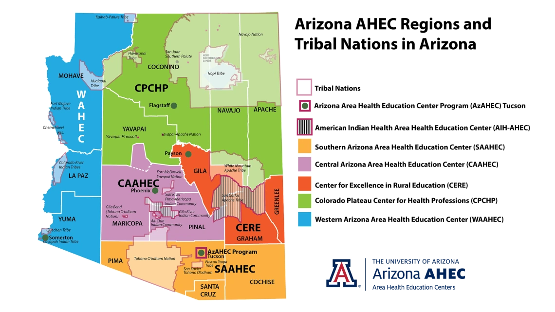 map of Arizona Area Eduction Health Centers by county