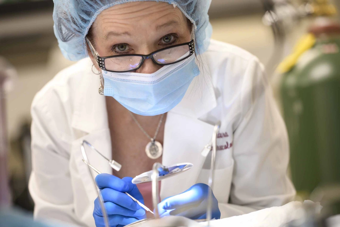 A woman in a science laboratory, wearing a lab coat, gloves, a face mask and hair covering, works on an experiment with lab tools and lights.