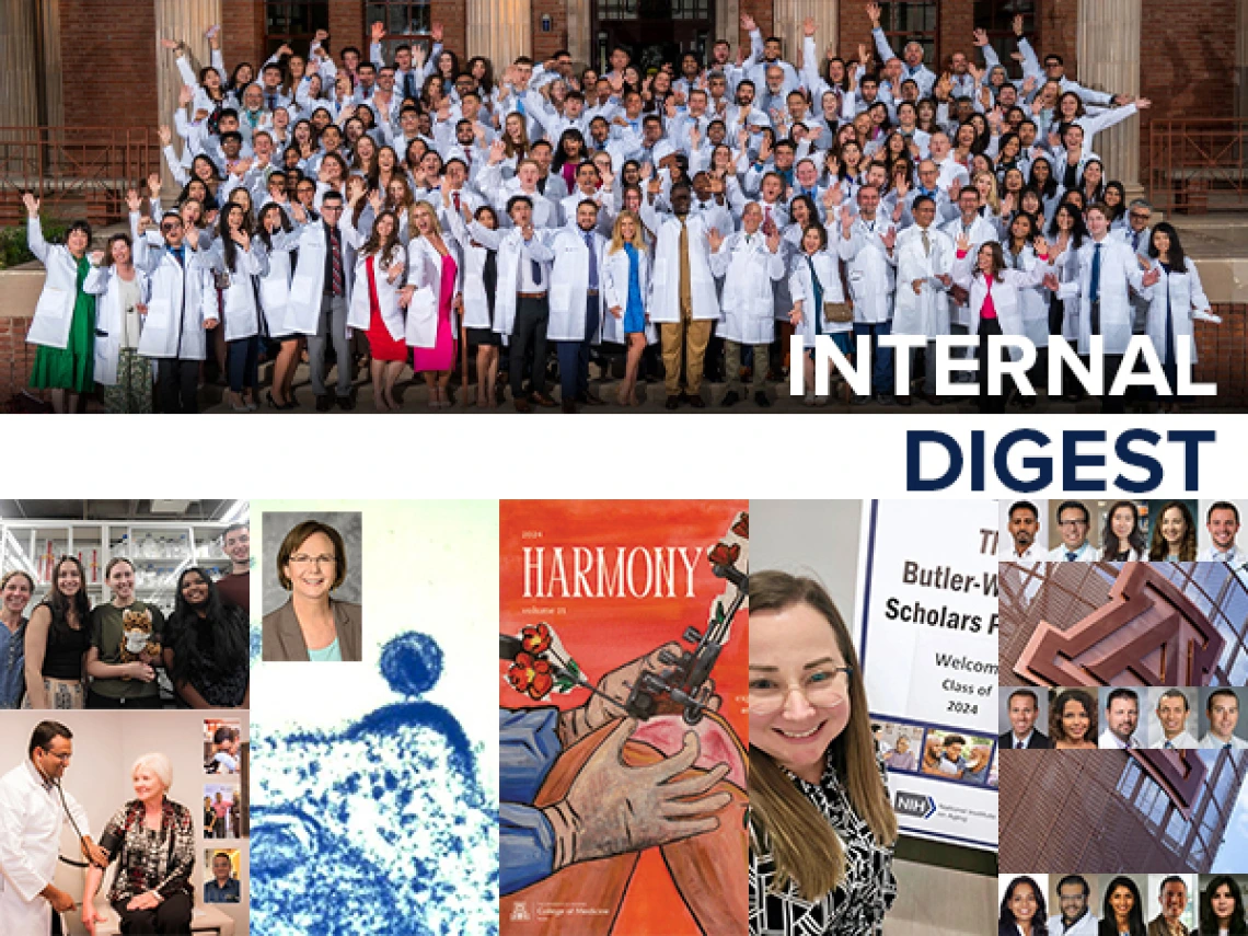 Masthead for August 2024 issue of Internal Digest newsletter with photo of faculty, students at White Coat Ceremony and collage from stories included in this edition