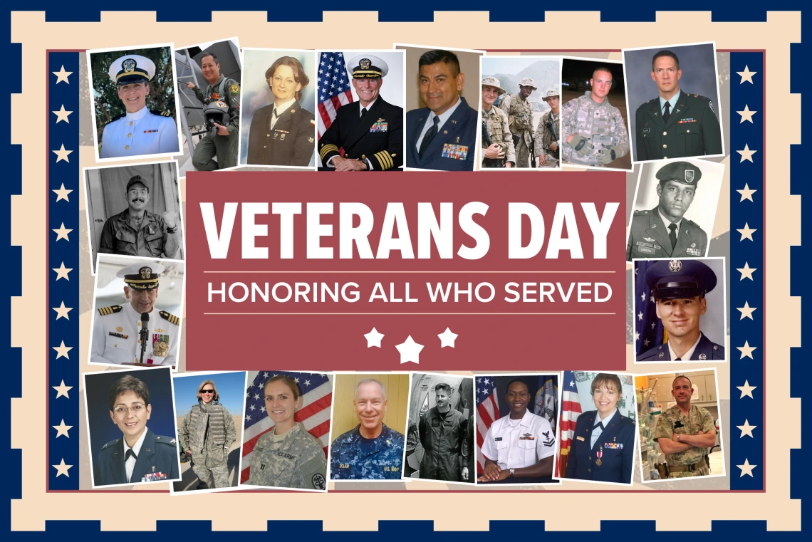 Poster with dozens of portraits of people in military uniforms. The poster text reads, “Veterans Day, Honoring all who served.”