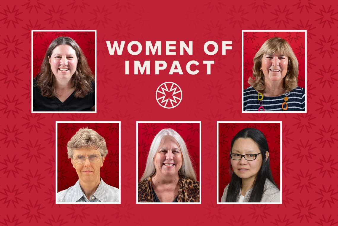 Graphic with portraits of five women on it and “Women of Impact” logo.