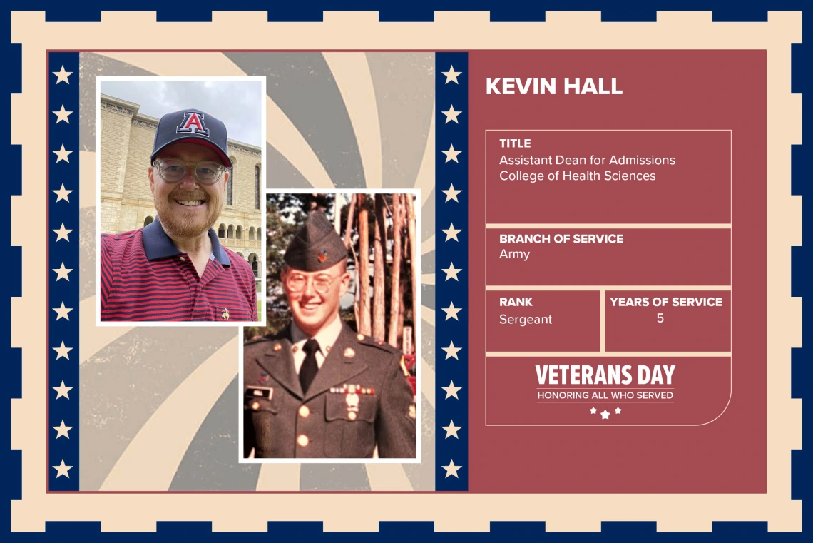 Poster with two photos of Kevin Hall, one current and one of him in uniform. Text on image has his name and this information: “Assistant Dean for Admissions College of Health Sciences. Branch of Service: Army; Rank: Sergeant; Years of Service: 5."