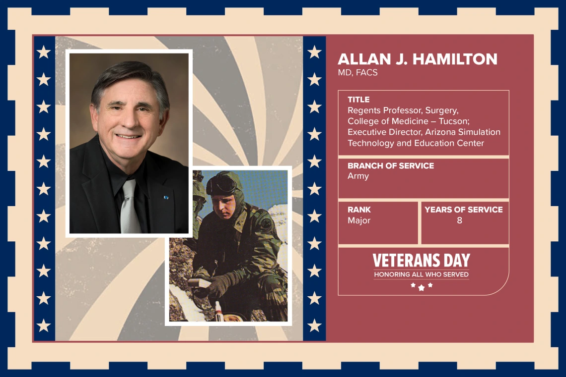 Poster with two photos of Allan J. Hamilton, MD, FACS, one current and one of him in uniform. Text on image has his name and this information: “Executive Director, Arizona Simulation Technology and Education Center Regents Professor, Surgery, College of Medicine – Tucson. Branch of Service: Army; Rank: Major; Years of Service: 8."