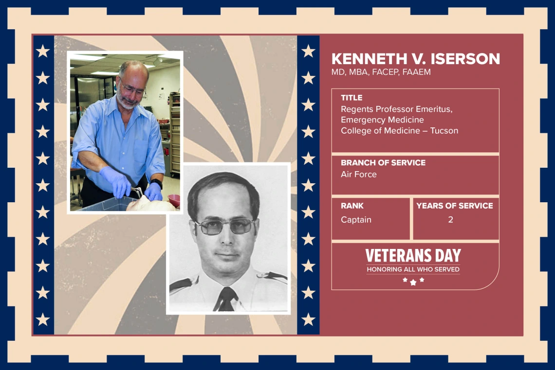 Poster with two photos of Kenneth V. Iserson, MD, MBA, FACEP, FAAEM, one current and one of him in uniform. Text on image has his name and this information: “Regents Professor Emeritus, Emergency Medicine, College of Medicine – Tucson. Branch of Service: Air Force; Rank: Captain; Years of Service: 2."