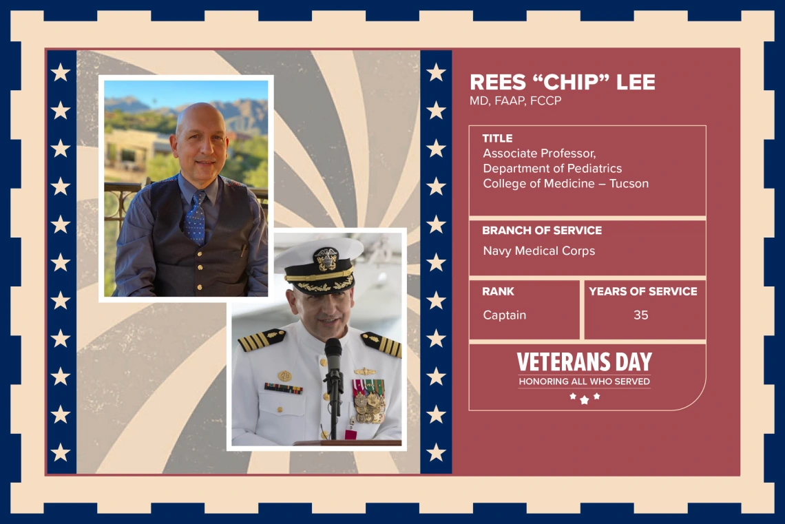 Poster with two photos of Rees “Chip” Lee, MD, FAAP, FCCP, one current and one of him in uniform. Text on image has his name and this information: “Associate Professor, Department of Pediatrics, College of Medicine – Tucson. Branch of Service: Navy Medical Corps; Rank: Captain; Years of Service: 35."