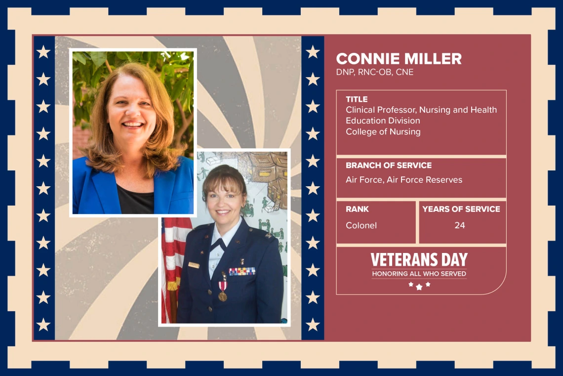 Poster with two photos of Connie Miller, DNP, RNC-OB, CNE, one current and one of her in uniform. Text on image has her name and this information: "Clinical Professor, Nursing and Health Education Division, College of Nursing. Branch of Service: Air Force and Air Force Reserves; Rank: Colonel; Years of Service: 24."