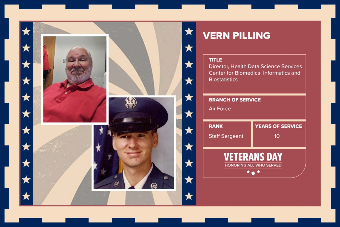 Poster with two photos of Vern Pilling, one current and one of him in uniform. Text on image has his name and this information: “Director, Health Data Science Services Center for Biomedical Informatics and Biostatistics. Branch of Service: Air Force; Rank: Staff Sergeant; Years of Service: 10."