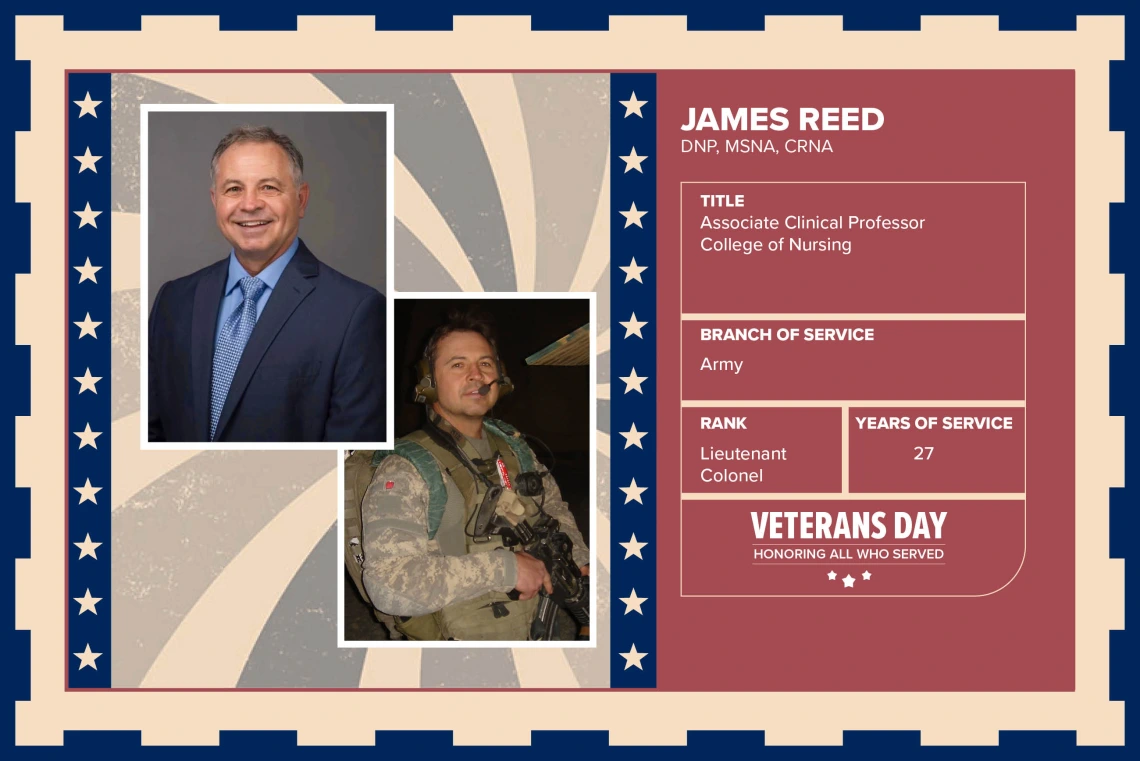 Poster with two photos of James Reed, DNP, MSNA, CRNA, one current and one of him in uniform. Text on image has his name and this information: “Associate Clinical Professor, College of Nursing. Branch of Service: Army; Rank: Lieutenant Colonel; Years of Service: 27."