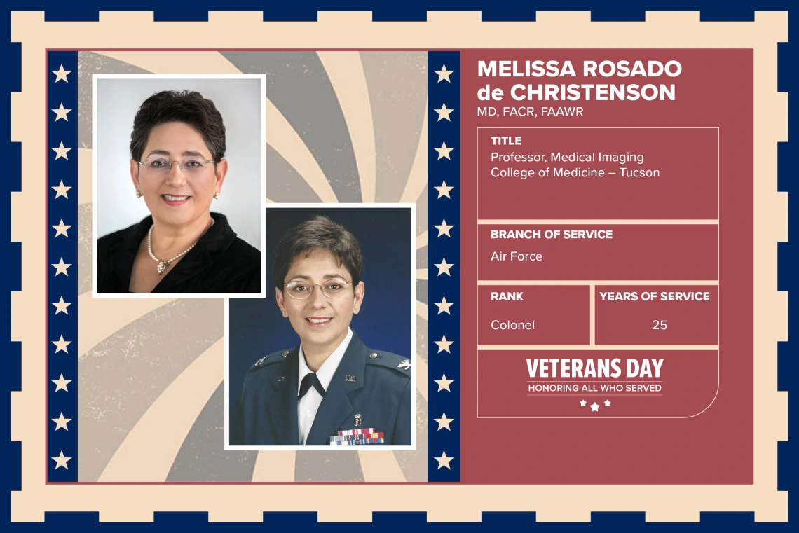 Poster with two photos of Melissa Rosado de Christenson, one current and one of her in uniform. Text on image has her name and this information: "Professor, Medical Imaging, College of Medicine – Tucson. Branch of Service: Air Force; Rank: Colonel; Years of Service: 25."