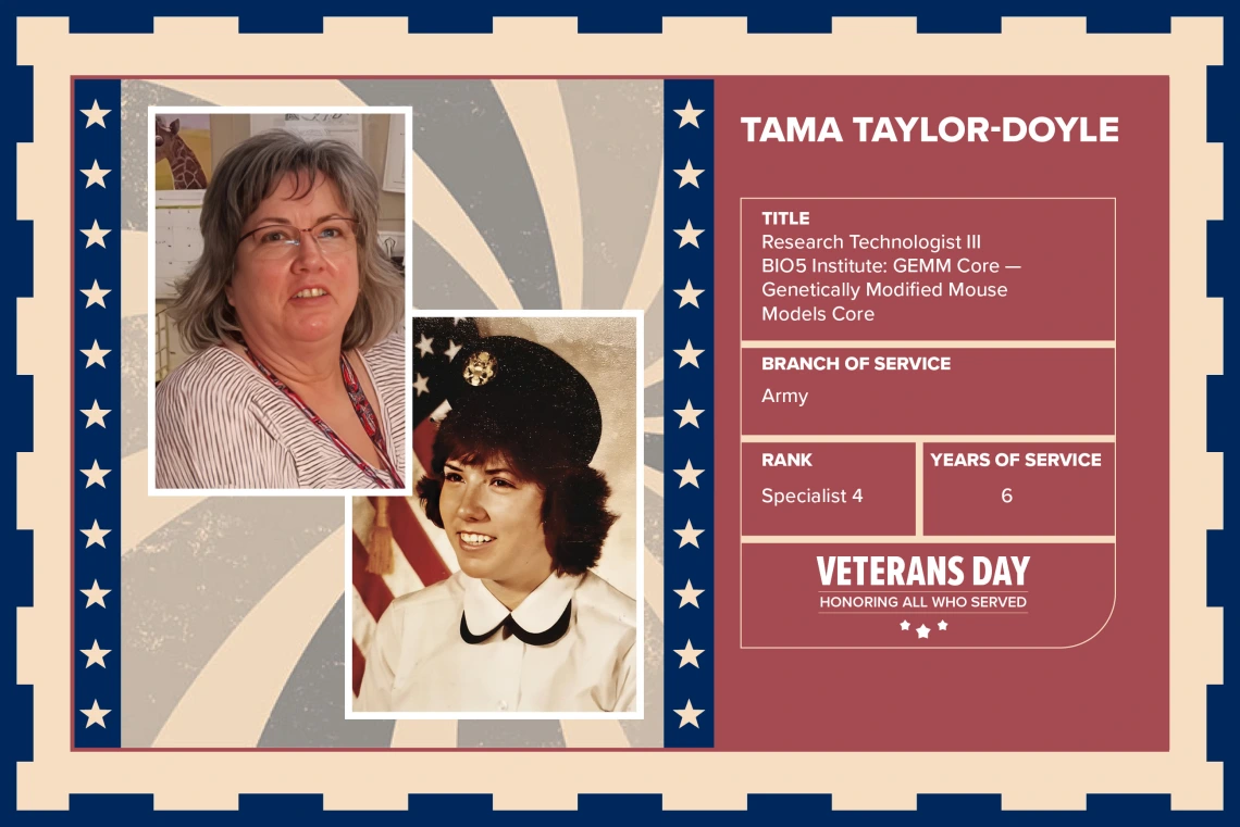 Poster with two photos of Tama Taylor-Doyle, one current and one of her in uniform. Text on image has her name and this information: "Research Technologist III, BIO5 Institute. Branch of Service: Army; Rank: Specialist 4; Years of Service: 6."