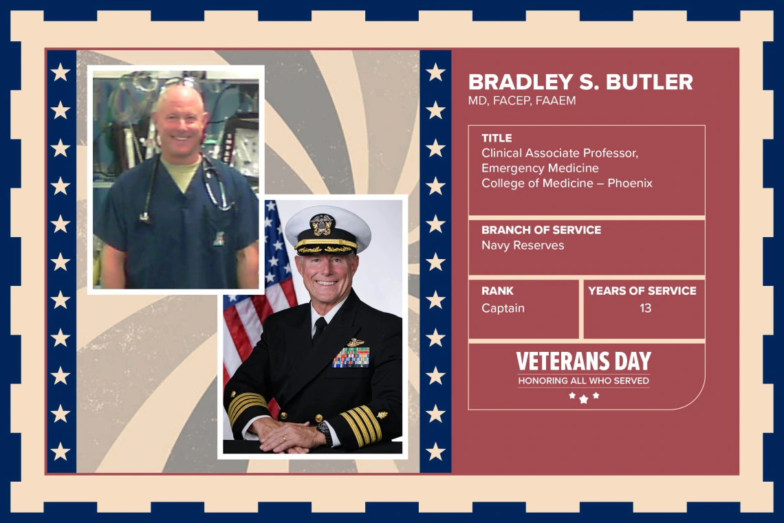 Poster with two photos of Bradley S. Butler, MD, FACEP, FAAEM, one current and one of him in uniform. Text on image has his name and this information: "Clinical Associate Professor, Emergency Medicine, College of Medicine – Phoenix. Branch of Service: Navy Reserves; Rank: Captain; Years of Service: 13."