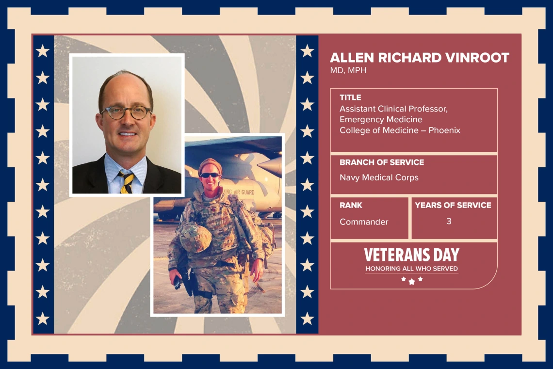 Poster with two photos of Allen Richard Vinroot, MD, MPH, one current and one of him in uniform. Text on image has his name and this information: “Clinical Associate Professor, Emergency Medicine, College of Medicine – Phoenix. Branch of Service: Navy Medical Corps; Rank: Commander; Years of Service: 3."