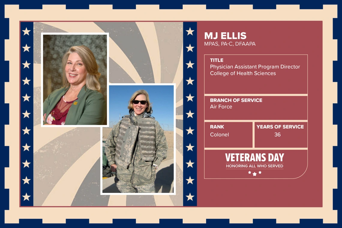 Poster with two photos of MJ Ellis, MPAS, PA-C, DFAAPA, one current and one of her in uniform. Text on image has her name and this information: "Physician Assistant Program Director College of Health Sciences. Branch of Service: Air Force; Rank: Colonel; Years of Service: 36."