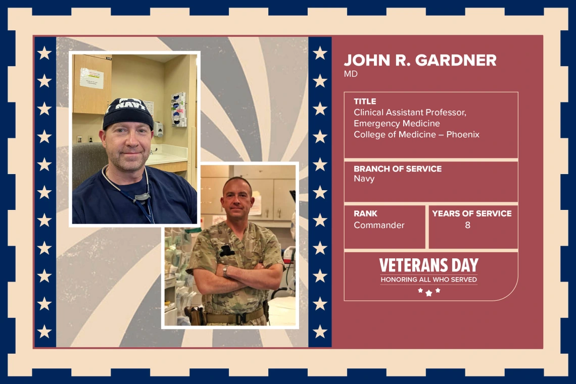 Poster with two photos of John R. Gardner, MD, one current and one of him in uniform. Text on image has his name and this information: "Clinical Assistant Professor, Emergency Medicine, College of Medicine – Phoenix. Branch of Service: Navy; Rank: Commander; Years of Service: 8."