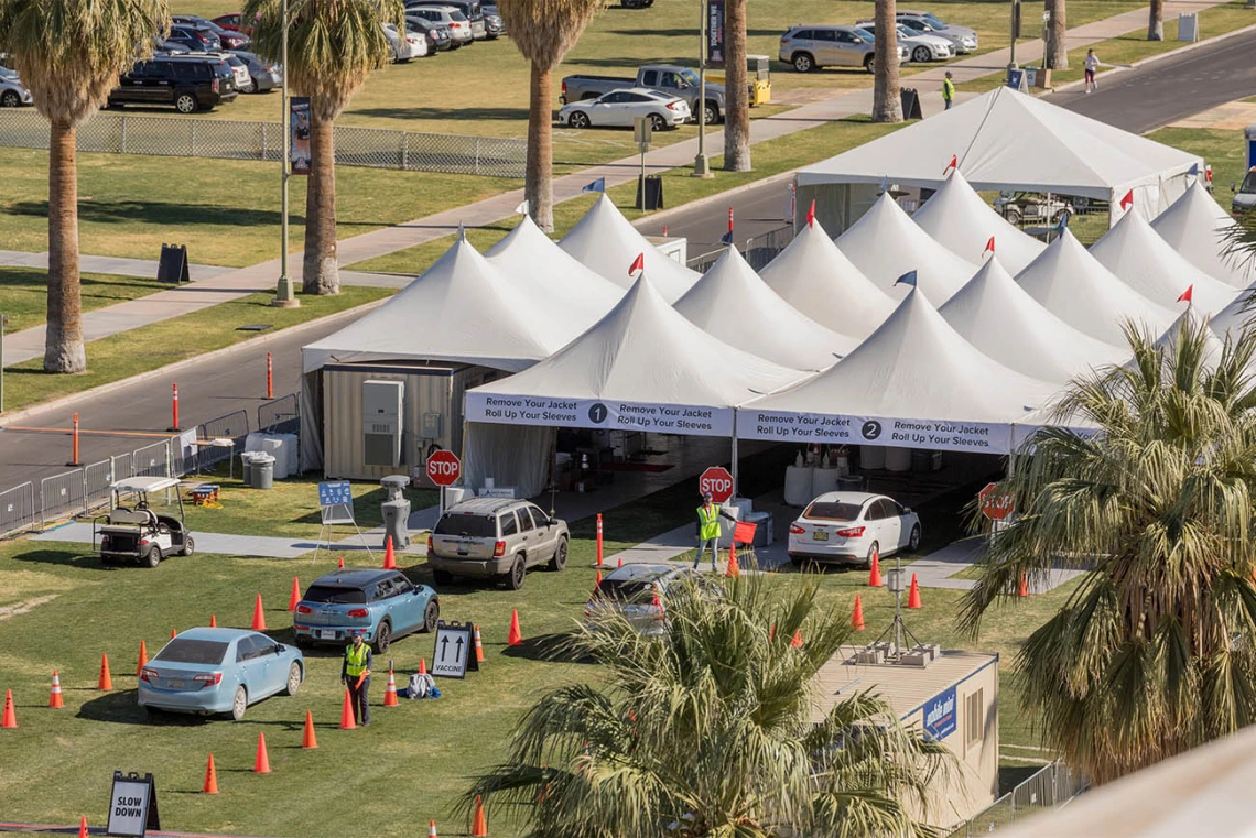 Bird’s eye view of the drive-through COVID 19 vaccine point of distribution on the University of Arizona’s mall. 