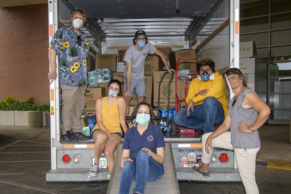 On June 5 Margaret Briehl, PhD, Maria Lluria-Prevatt, PhD, Sofia Prevatt, UArizona alumn Meucci Ilunga, Dennis Ray and Matthew Prevatt helped load a truck to transport donations from the Cancer Center to the Navajo Nation.