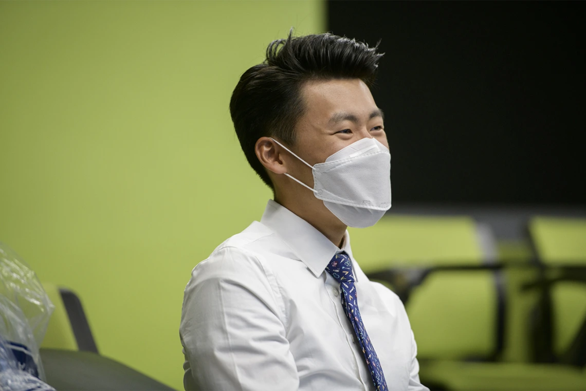 First-year medical student Michael Kim receives his white coat and meets his house dean, who tells students what they can expect from their four-year journey through medical school.