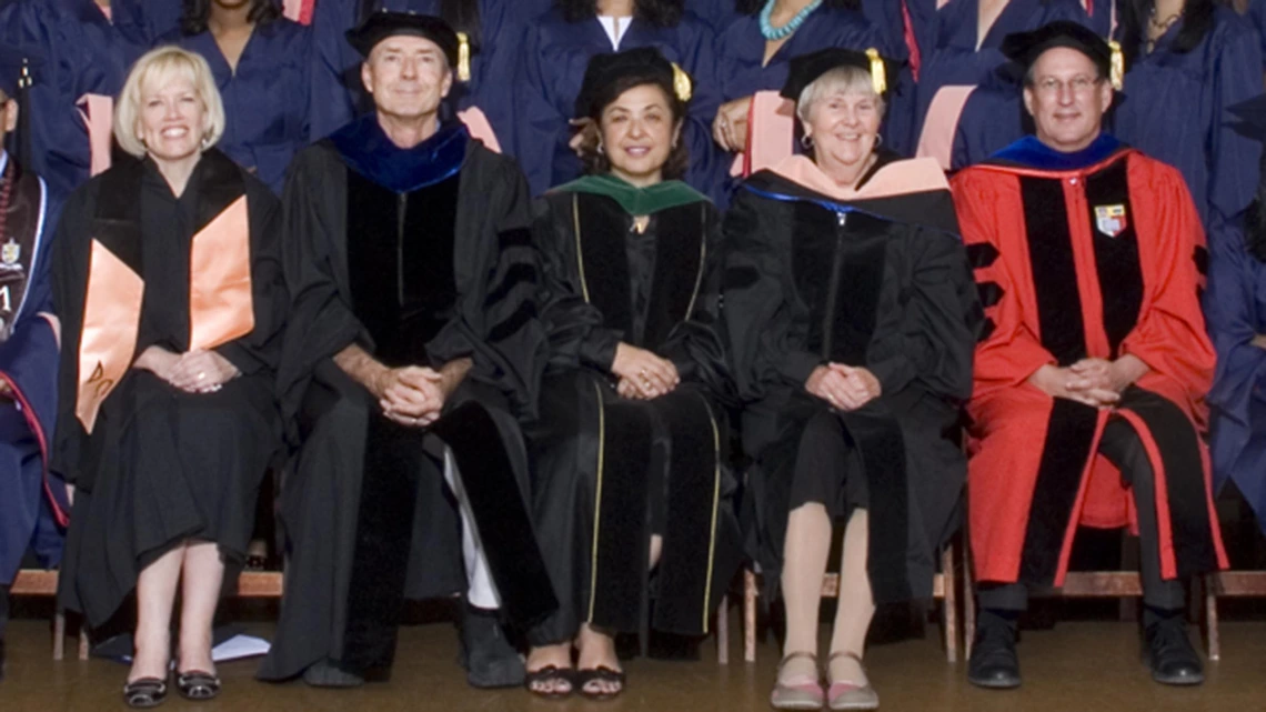 2009 Mel and Enid Zuckerman College of Public Health convocation. Five of the 15 “originals” from left: Chris Tisch, assistant dean of student and alumni affairs; Duane Sherrill, PhD, associate dean of research; Dean Iman Hakim, MD, PhD, MPH; Jill de Zapien, program director in the Health Promotion Sciences Department; Douglas Taren, PhD, director of the Western Region Public Health Training Center.