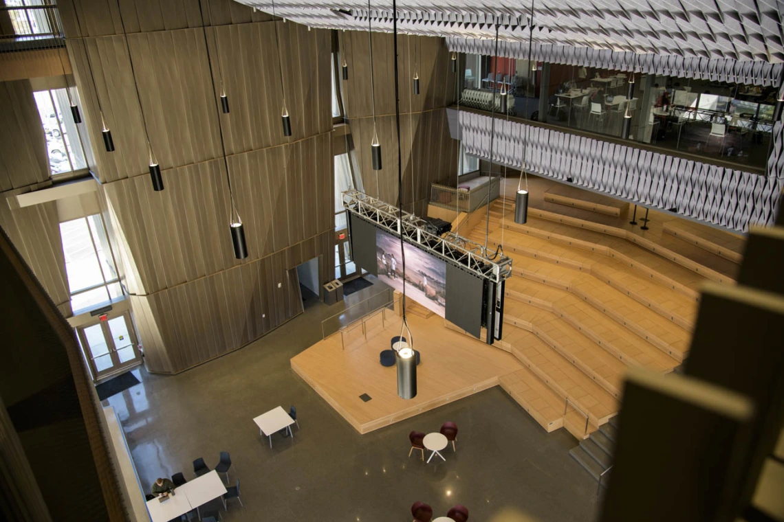 The Forum spans the first and second floors of the Health Sciences Innovation Building. Multiple multimedia screens are available to enhance presentations and events.