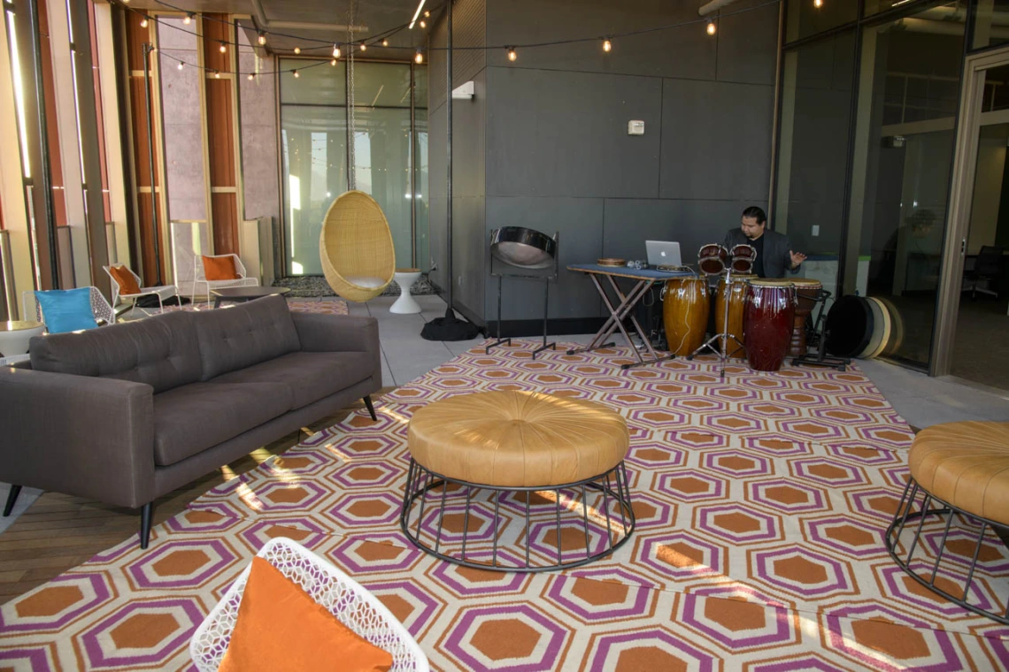 A porch on the upper floors of Health Sciences Innovation Building provides a unique event space. Outdoor furniture is available for the Health Sciences community to enjoy.