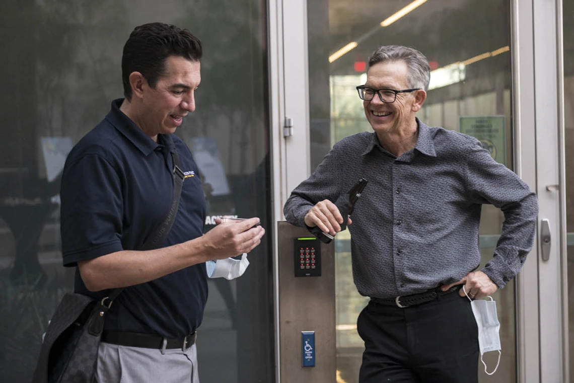 Anthony Bajoras (left) managing director of the Cancer Fund, with Richard Austin, PhD, MBA, CEO of Reglagene at the networking mixer. 