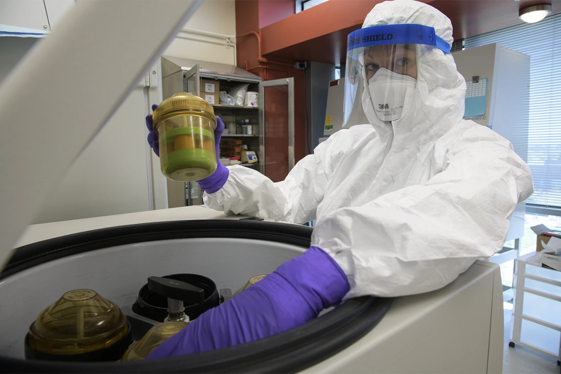 Jennifer Uhrlaub, associate research scientist and laboratory manager in the Janko Nikolich-Zugich lab, loads samples into centrifuge in the Biosafety level 3 lab in April.