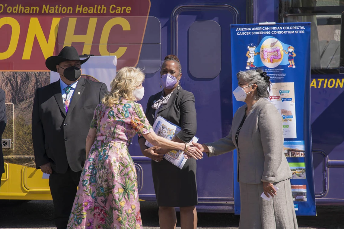 First lady Jill Biden, EdD, greets Francine Gachupin, PhD, MPH, assistant professor at the UArizona College of Medicine – Tucson and member of the UArizona Cancer Center Cancer Prevention and Control Program. Dr. Gachupin, who is a tribal member of the Pueblo of Jemez in New Mexico, is the lead for the Native American Cancer Prevention Grant at the Cancer Center.