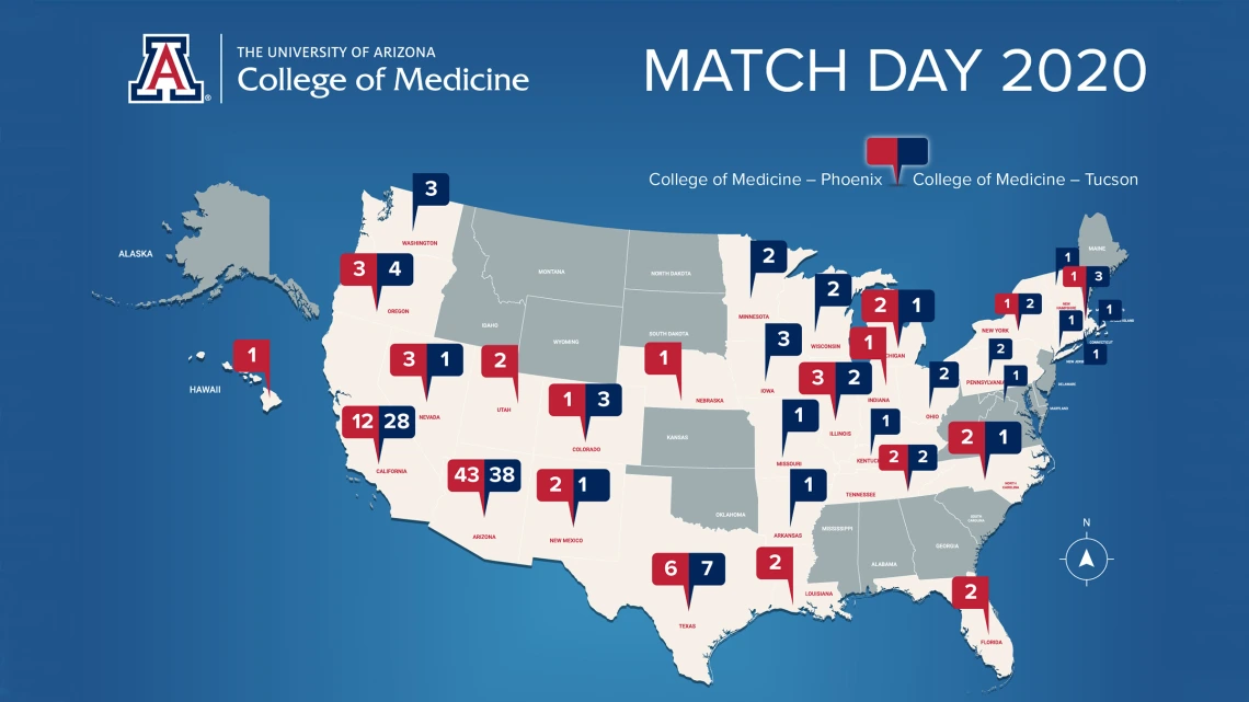 View Match Day placements for students at the University of Arizona Health Sciences Colleges of Medicine in Phoenix and Tucson.