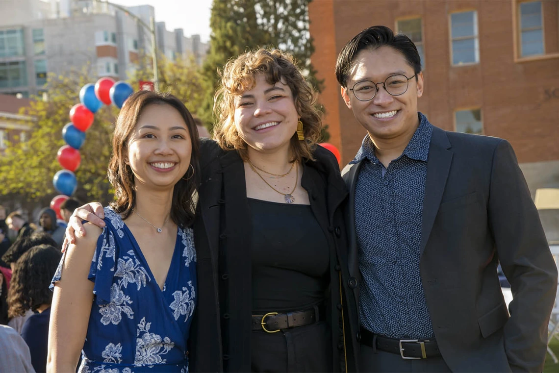 (From left) Medical students Marisa Tran, Marisa Delgado and Bruce Chy pause for a moment before the start of the UArizona College of Medicine – Tucson 2022 Match Day event.