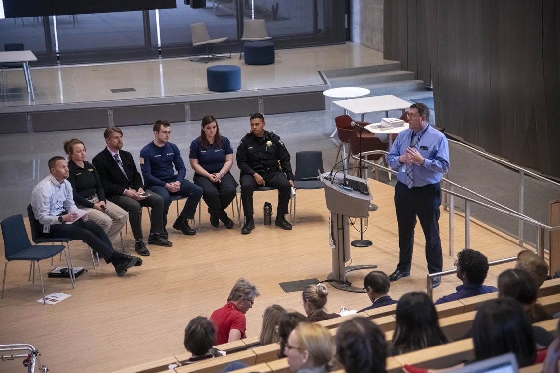 Drug Survival 102 panelist Lt. Christian Wildblood of the Tucson Police Department speaks to attendees about opioid overdose crisis response. 