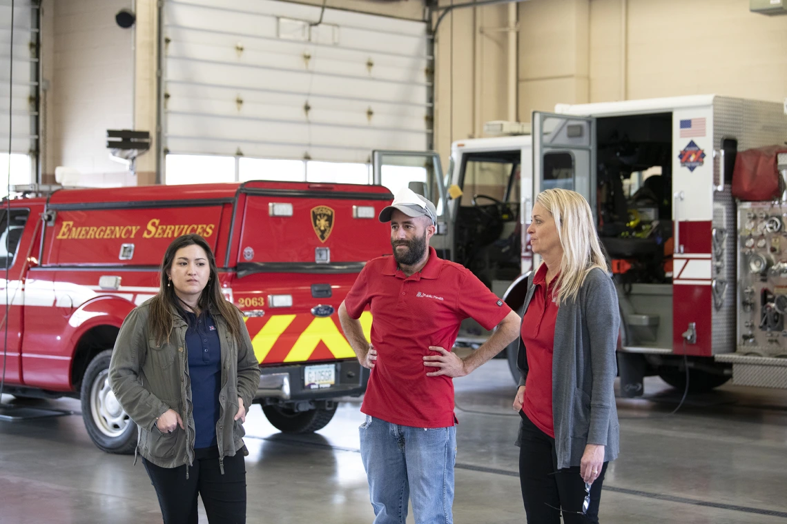 The University of Arizona Mel and Enid Zuckerman College of Public Health’s Amanda Wilson, MS, Jonathan Sexton, PhD, and Kelly Reynolds, PhD, listen to further instruction about production. The College worked in conjunction with Tucson Fire Department and the Western Regional Public Health Training Center to create a training video about protocols for first responders to avoid infection during an outbreak.