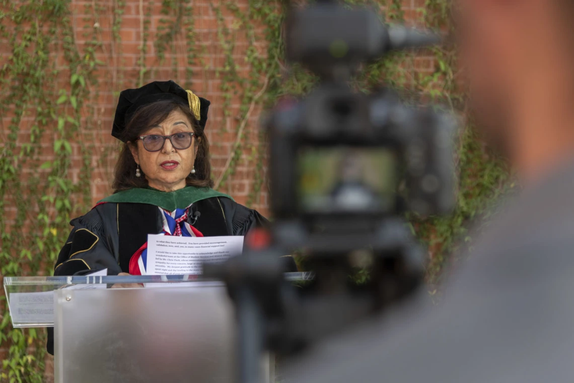 Dean Iman Hakim, MD, PhD, MPH, is filmed for the Mel and Enid College of Public Health 2020 convocation, which was presented virtually due to the COVID-19 pandemic.