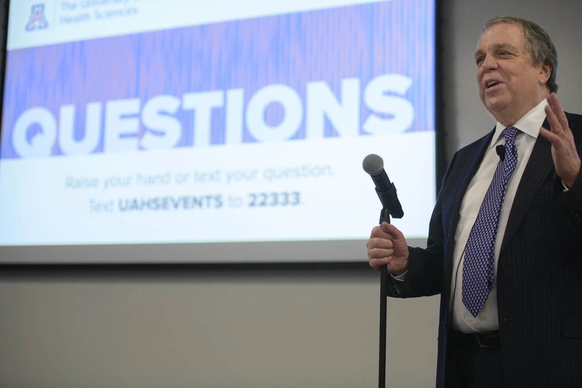 Senior Vice President for Health Sciences Michael D. Dake, MD, answered questions from the audience during a town hall event in Phoenix.