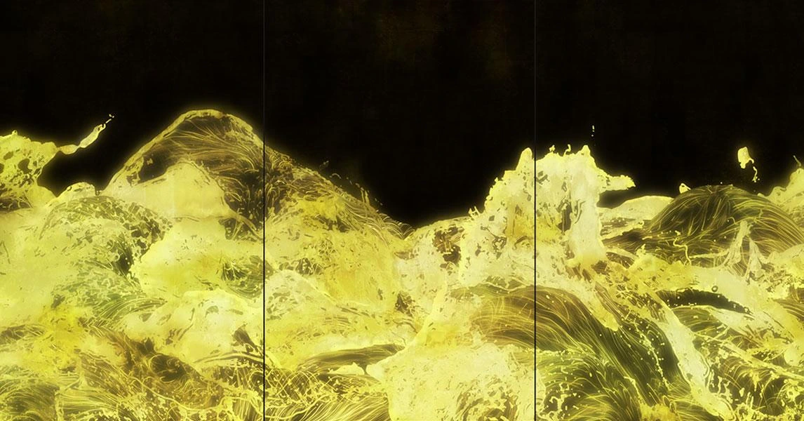 Teaser of teamLab's "Gold Waves", golden liquid waves on a black background