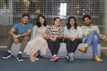 (From left) Kartik Moolraj Dattani, Varna Sree Kumar, Ardra Mohanan, Gopika Sumitha and Manish Manoharan traveled from Amrita, India, to Tucson, Arizona, to participate in a research internship as part of their dual-degree program.