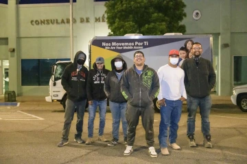 From left: Oscar Moreno, Mara Rodriguez, Jairo Lopez, Ruben Sosa, Nestor Quiñonez and Jesús Pérez – all farmworkers from Agua Prieta, Mexico – gathered at the Consulate of Mexico in Douglas, Arizona, for a COVID-19 vaccine clinic hosted by UArizona Health Sciences and the Cochise County Health Department.