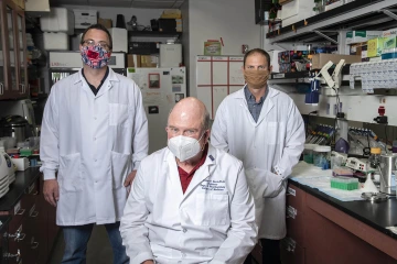 From left: Department of Pharmacology faculty members Patrick Ronaldson, PhD, Tom Davis, PhD, and Jeff Lochhead, PhD, are studying how drugs – specifically acetaminophen and certain opioids – move across the blood-brain barrier in an effort to reduce the negative side effects of opioid use.