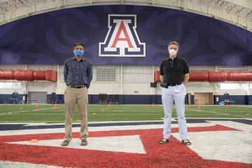 Janko Nikolich-Žugich, MD, PhD, (right) and Deepta Bhattacharya, PhD (left), developed one of the country’s most accurate COVID-19 antibody tests, which was unveiled in April at the Cole and Jeannie Davis Sports Center on the University of Arizona campus. 