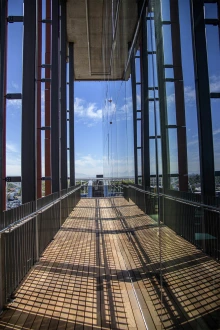 Several decks and patio areas allow people access to outdoor spaces, even on the upper floors of the nine-story building.